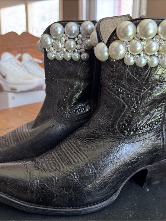 Sonora Shoes - Pearl Black Leather Heeled Boots with Pearl and rhinestone Embellishment